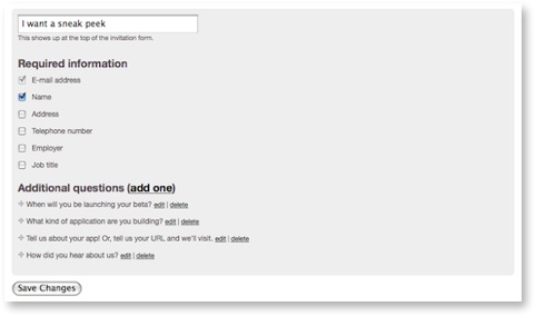 Old invitation form creation on Prefinery